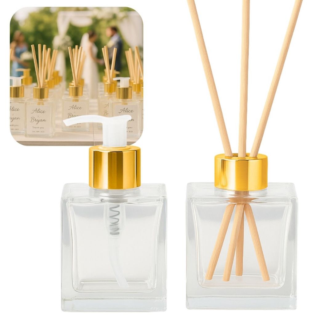 02 Fracos de Vidro Cubo 100ml Para Lavabo Com Válvula Saboneteira + Tampa Difusor Luxo + Varetas