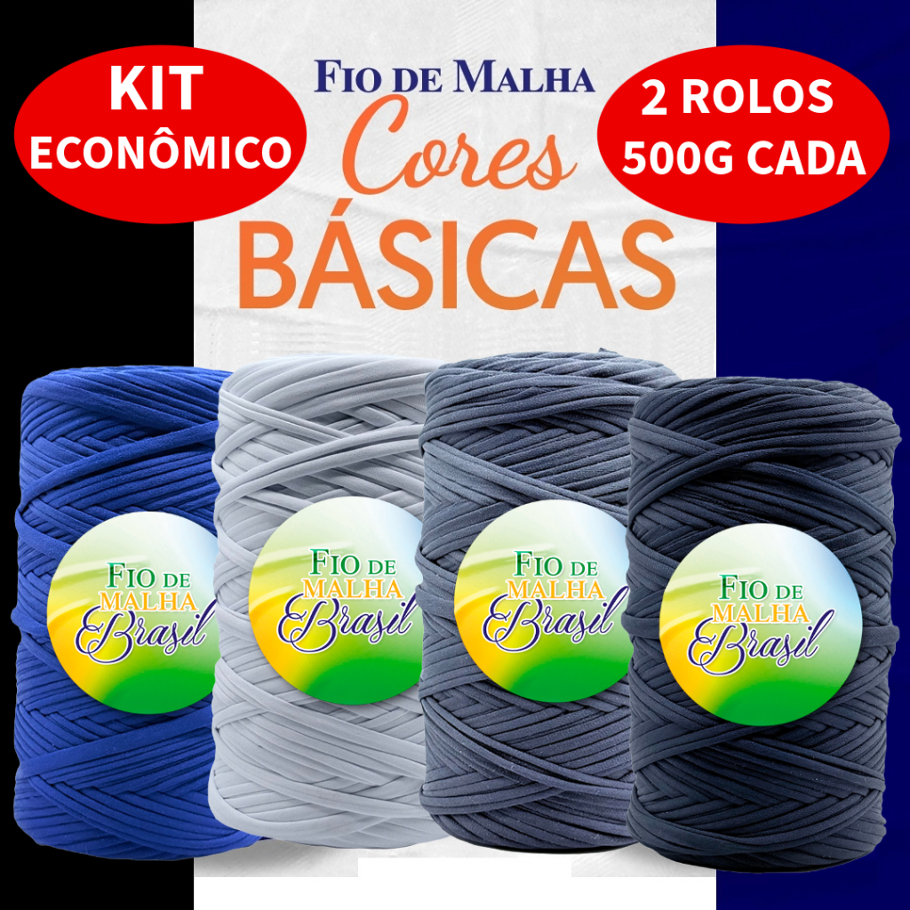 Fio de Malha Brasil Kit 2 Rolos de 500g - Cores Neutras - Preto, Branco, Azul Marinho, Cinza - Crochê Fio Residual em Oferta na Shopee
