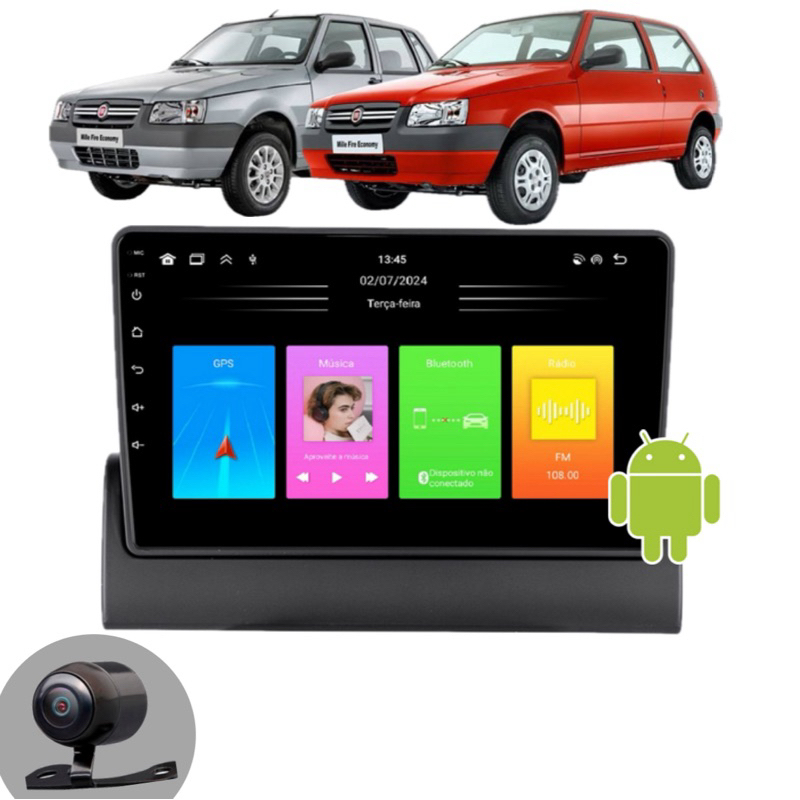 Multimídia 9Pol Android GPS WiFi Uno Mille Fiorino 1994 A 2013 + Moldura + Camera de ré