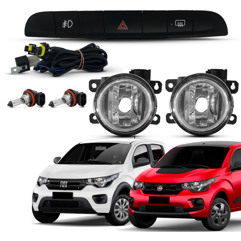 Kit Farol De Milha Auxiliar Nebina Fiat Mobi Like 2016 2017 2018 2019 2020 2021 2022 Lente Vidro Botão Original Painel