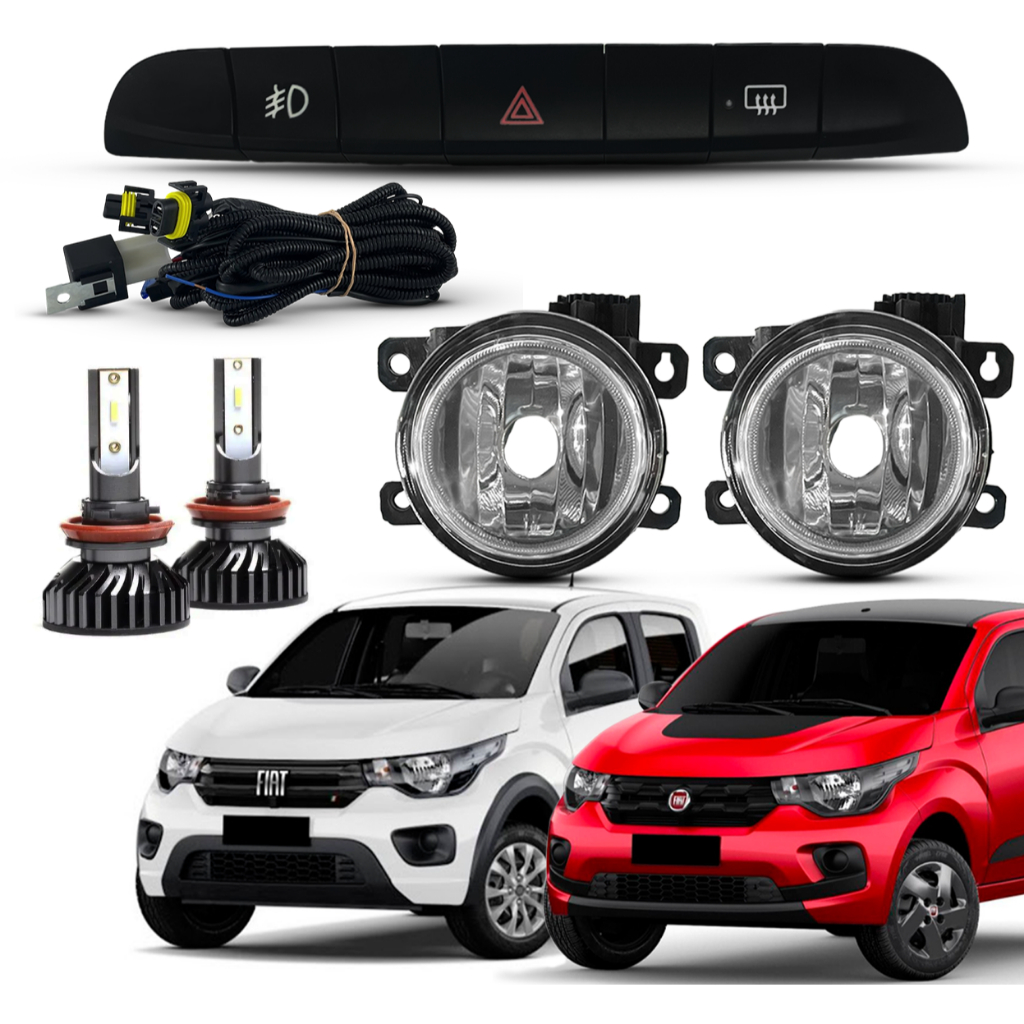 Kit Farol De Milha Aux Nebina Fiat Mobi Like 2016 2017 2018 2019 Lente Vidro Botão Original Painel + Super Led H11 6k