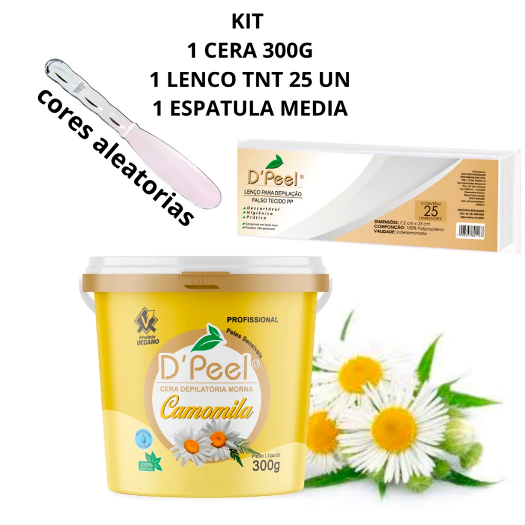Cera Depilação Morna Dpeel 300g Camomila Mel Chocolate Branco + Pacote Lenços TNT 25 Un + 1 Espatula Acrilica Oferta