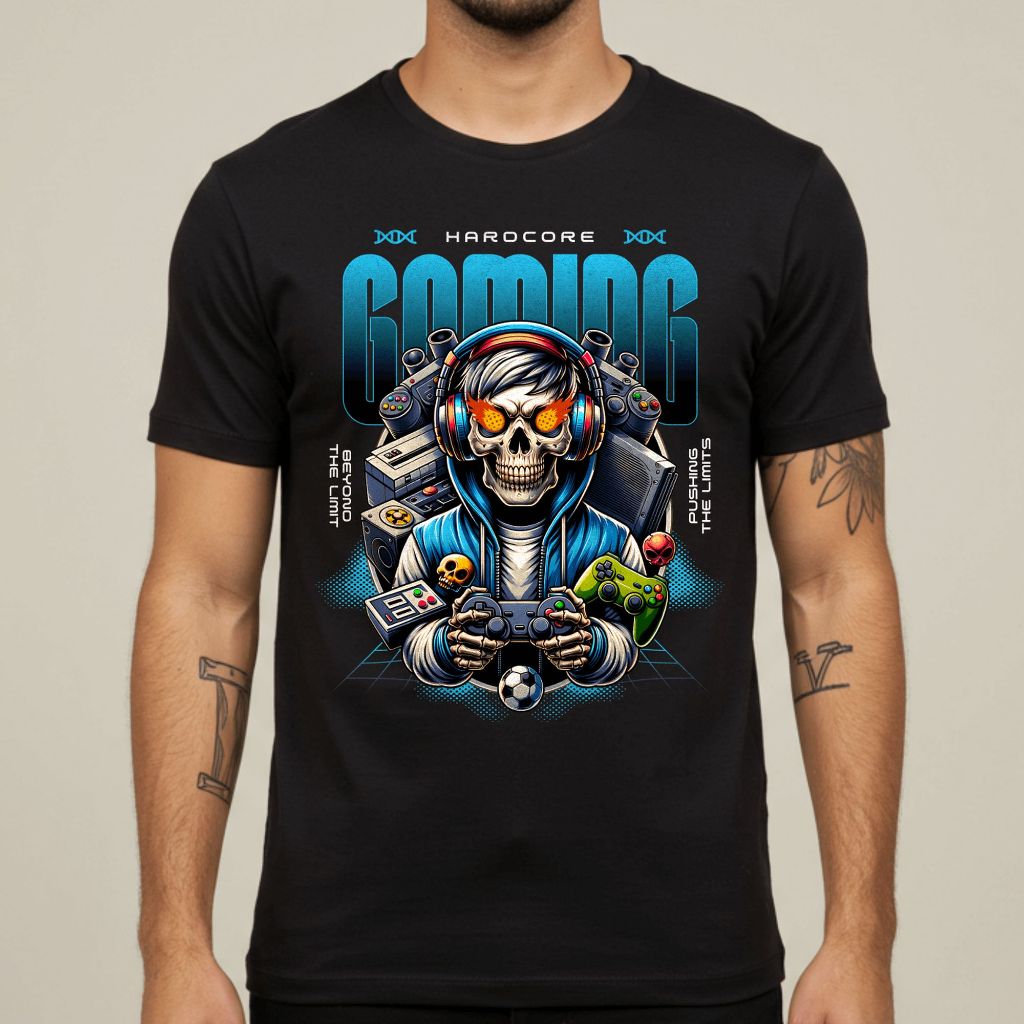 Camiseta Masculina Gamer Hardcore Estampa Caveira Fone Controle Radical