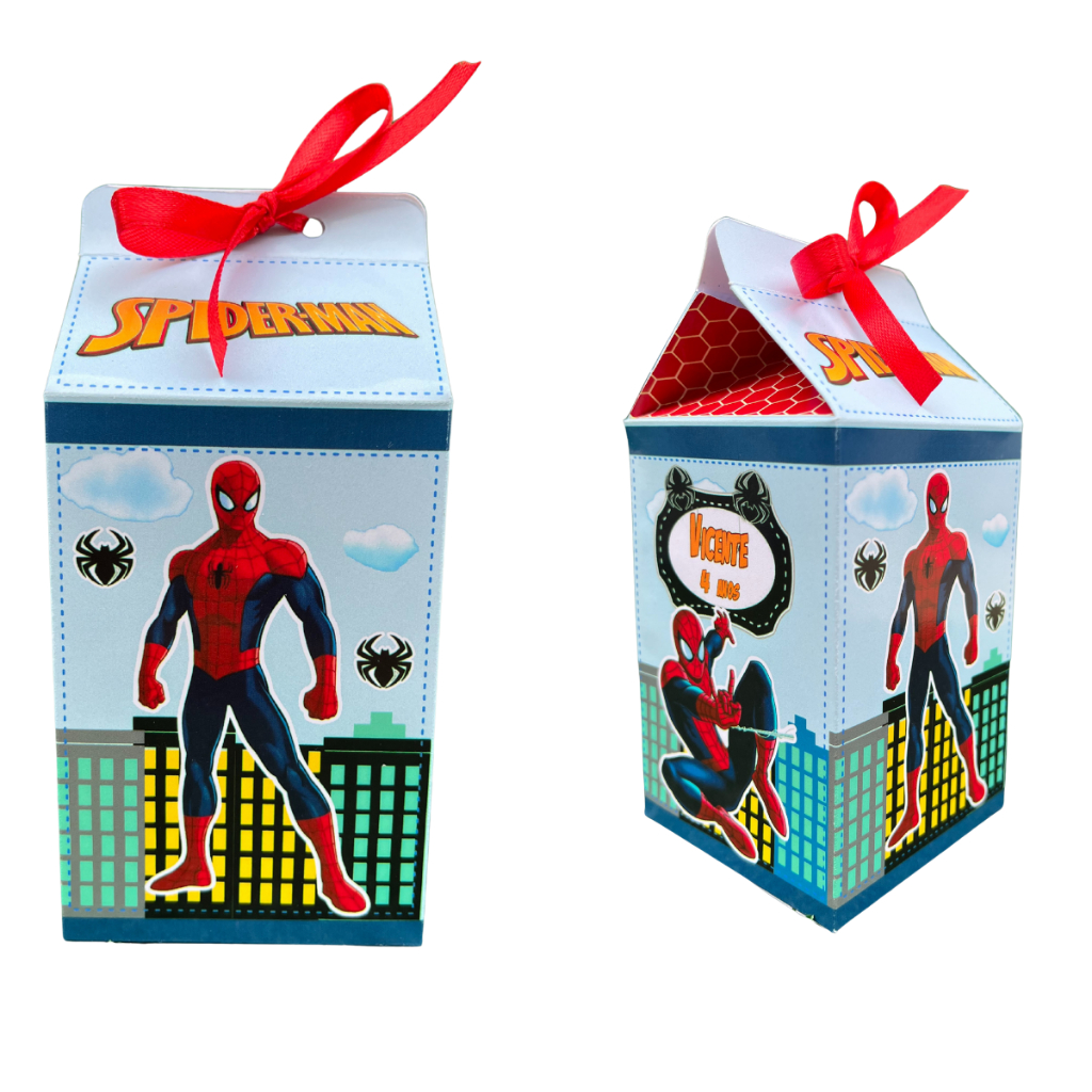 Kit Caixa Milk Homem Aranha + Fita Cetim Aniversário - Lembrancinha Homem Aranha Spider Man
