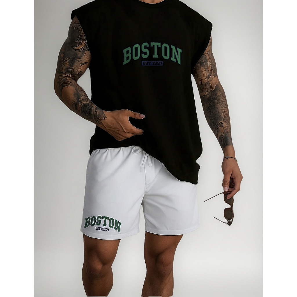 KIT SHORT MOLETOM+CAMISETA MASCULINO CASUAL E ESPORTIVO BOSTON
