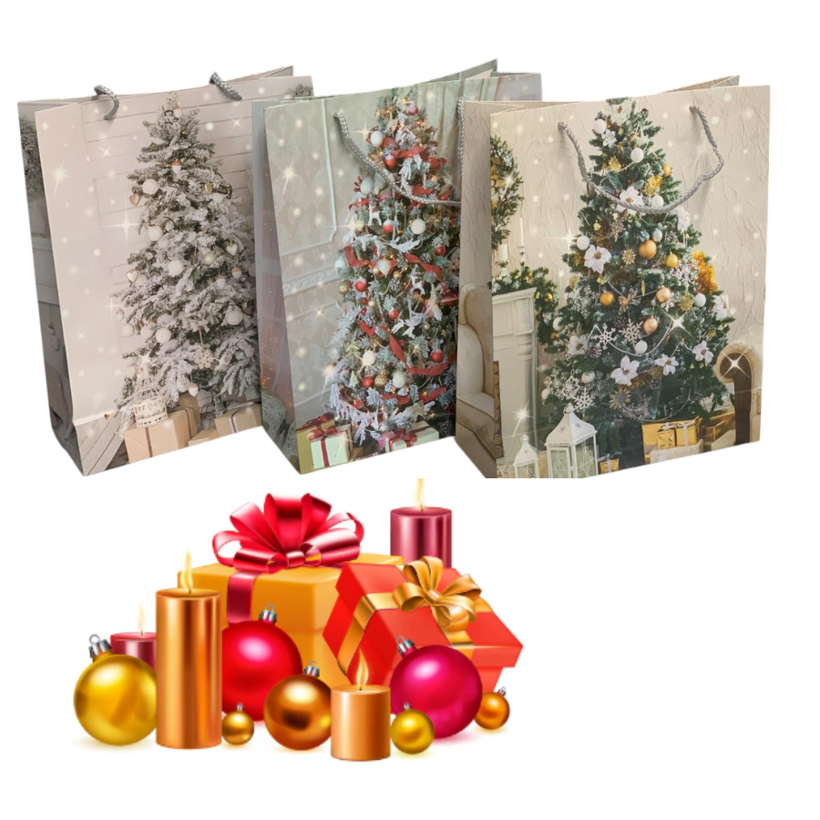 Kit 5 Sacola De Papel Glitter  Natalina 26x10 x 32cm Presente Festa Natal Decoração