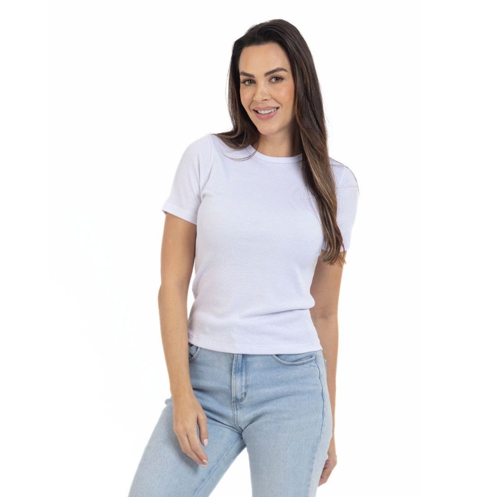 Blusa Básica Feminina Manga Curta Gola Redonda Baby Look Em Ribana Canelada Justa Elegante