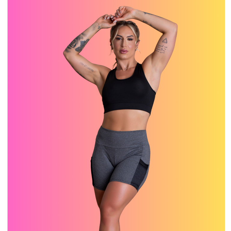 Conjunto Fitness Feminino Short Cintura Alta Com Bolso Tela Lateral E Top Liso Nadador Academia Moda Treino RIQ Modas