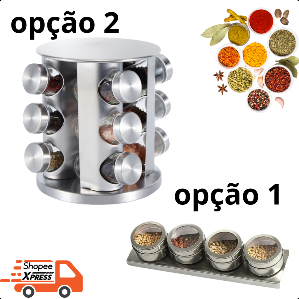 Porta Tempero 12 Peças Giratório 360° em Vidro e  Inox ou 4 Potes Magnético Imã De Geladeira X-MATTE em Oferta na Shopee