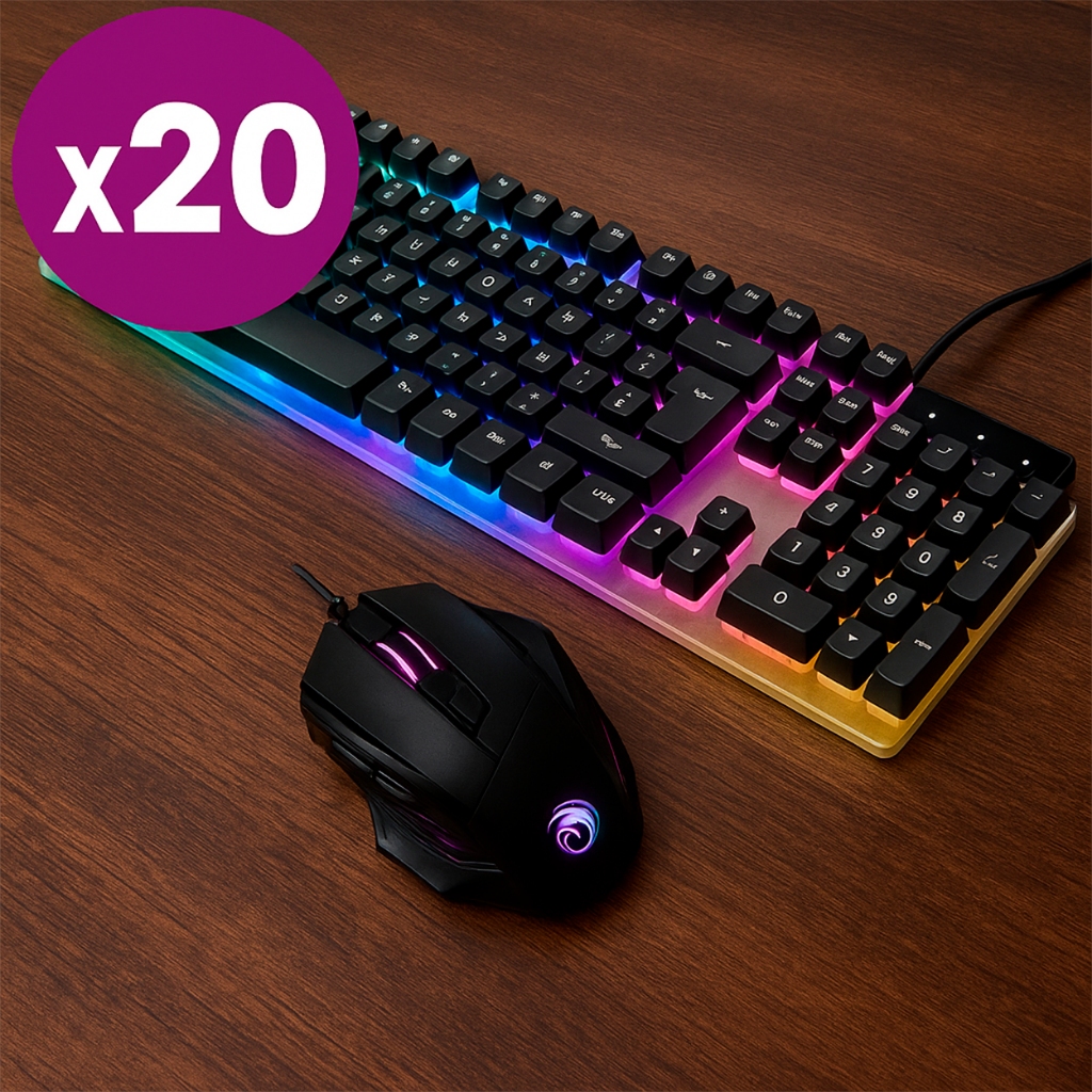 20 Kit Teclado Mouse Gamer Rgb Iluminado Led Semi Mecanico Abnt Brasil