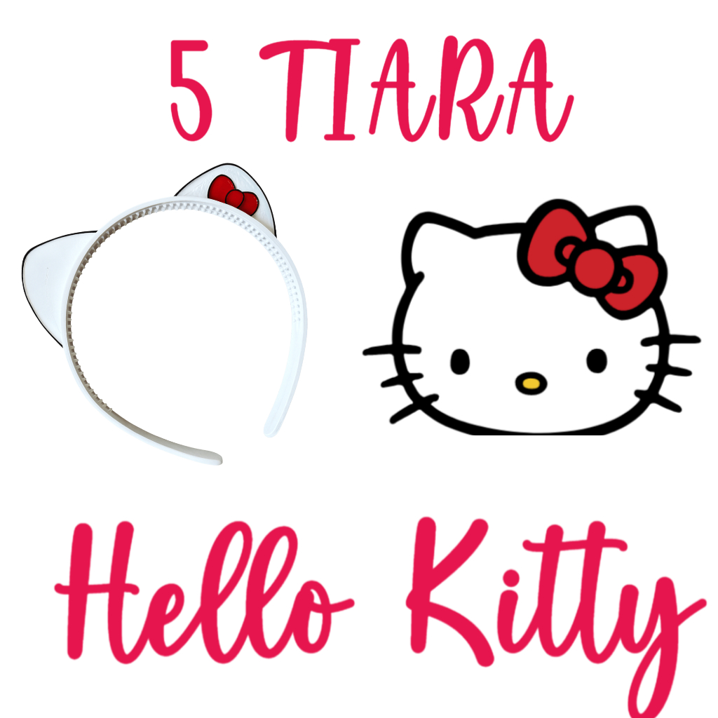 Kit 5 Tiaras Hello Kitty Infantil Gatinho com Laço Vermelho – Acessórios de Cabelo Menina