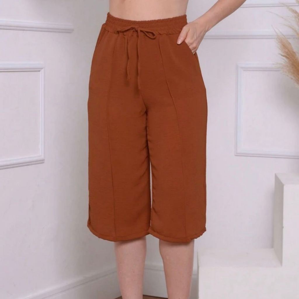 Calcas cortadas feminina de cor solida casual retas liso tecido duna ate a canela em Oferta na Shopee