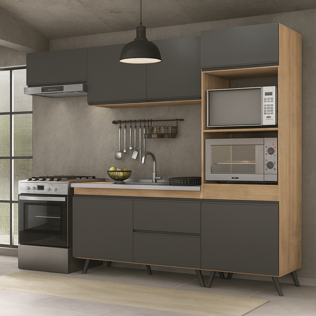 Armário de Cozinha Compacta 4 peças Lisboa Multimóveis MP2134 Rustic/Preto em Oferta na Shopee