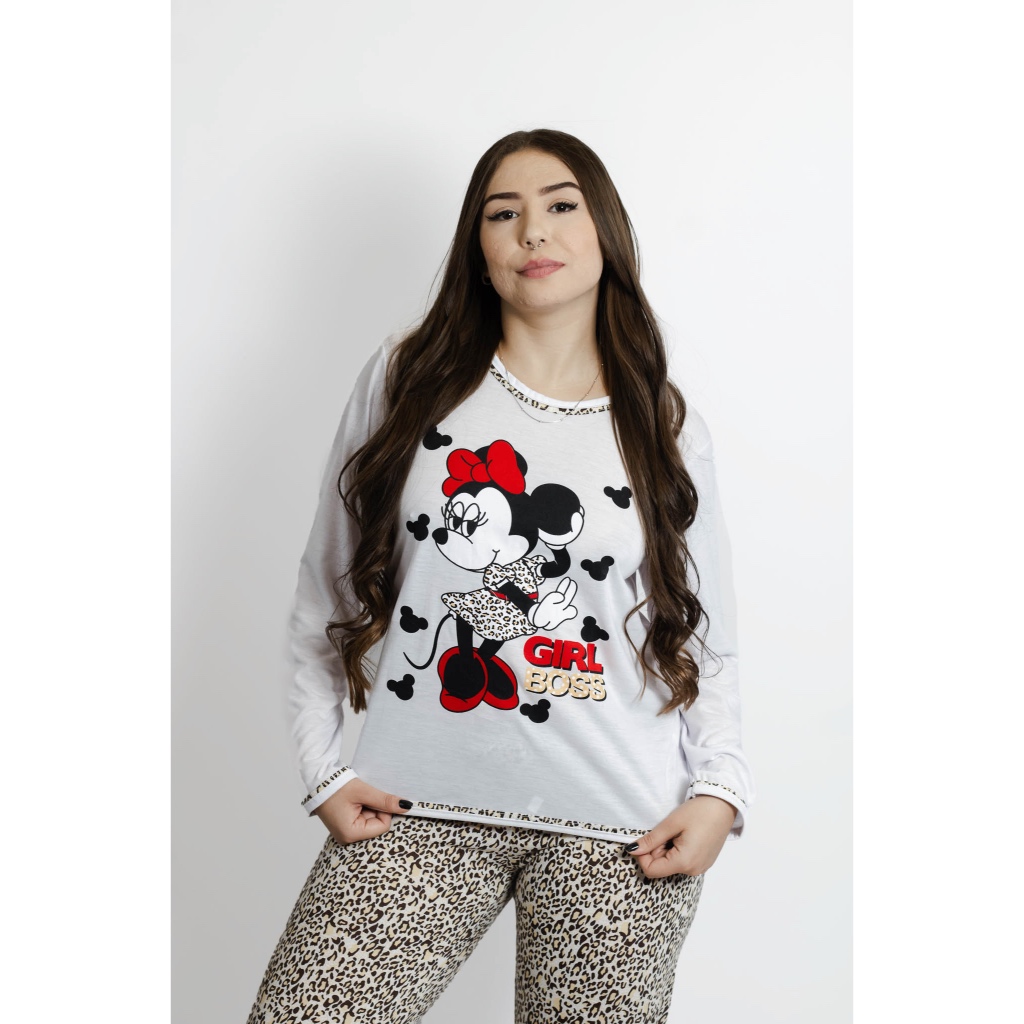 Pijama Longo Inverno Feminino Adulto Malha PV - Personagens Disney — imagem 2 de 2