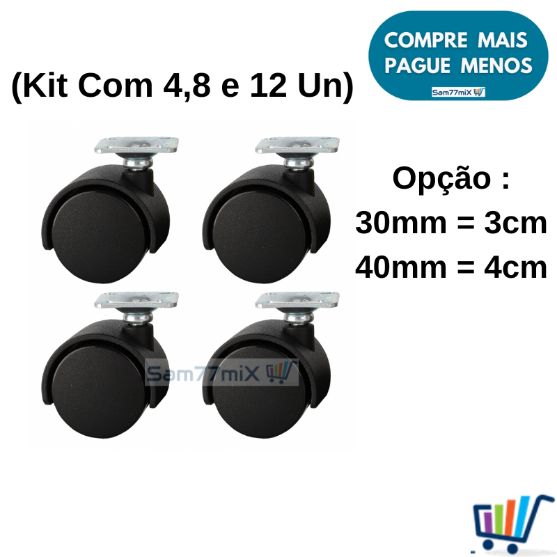 Kit Rodas Rodinhas Rodizio Giratório Plástico 30 ou 40mm Para Moveis, Rack Vasos Multiuso Anti Ruído Risco em Oferta na Shopee