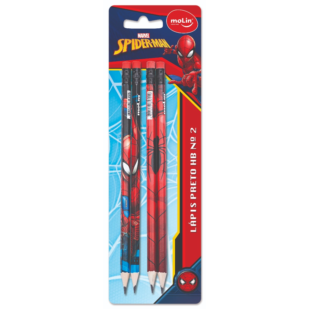 Kit com 4 lápis escrever c/ borracha Homem Aranha Spider Man Molin ref 13584