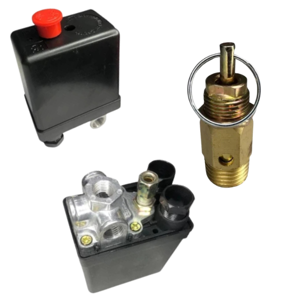Kit Pressostato 80-120 PSI 4 Vias + Válvula de Segurança 125 PSI 1/4 NPT para Compressor de Ar