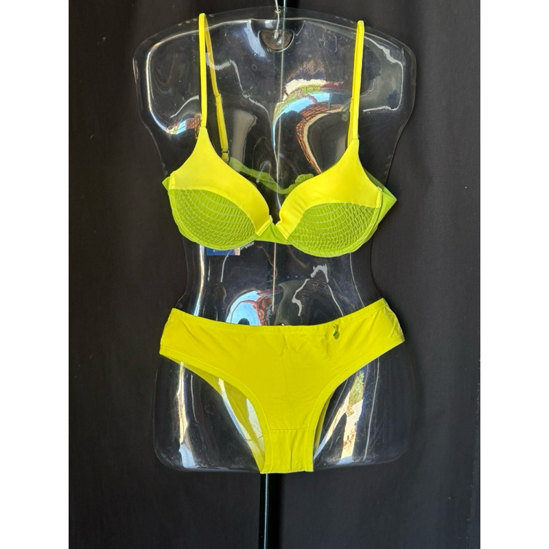 Conjunto biquíni MV verde neon c/ amarração e calcinha Diamantes lingerie