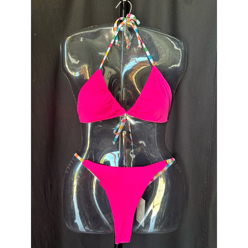 Conjunto biquíni MV pink listrado pink c/ amarração e bojo removível