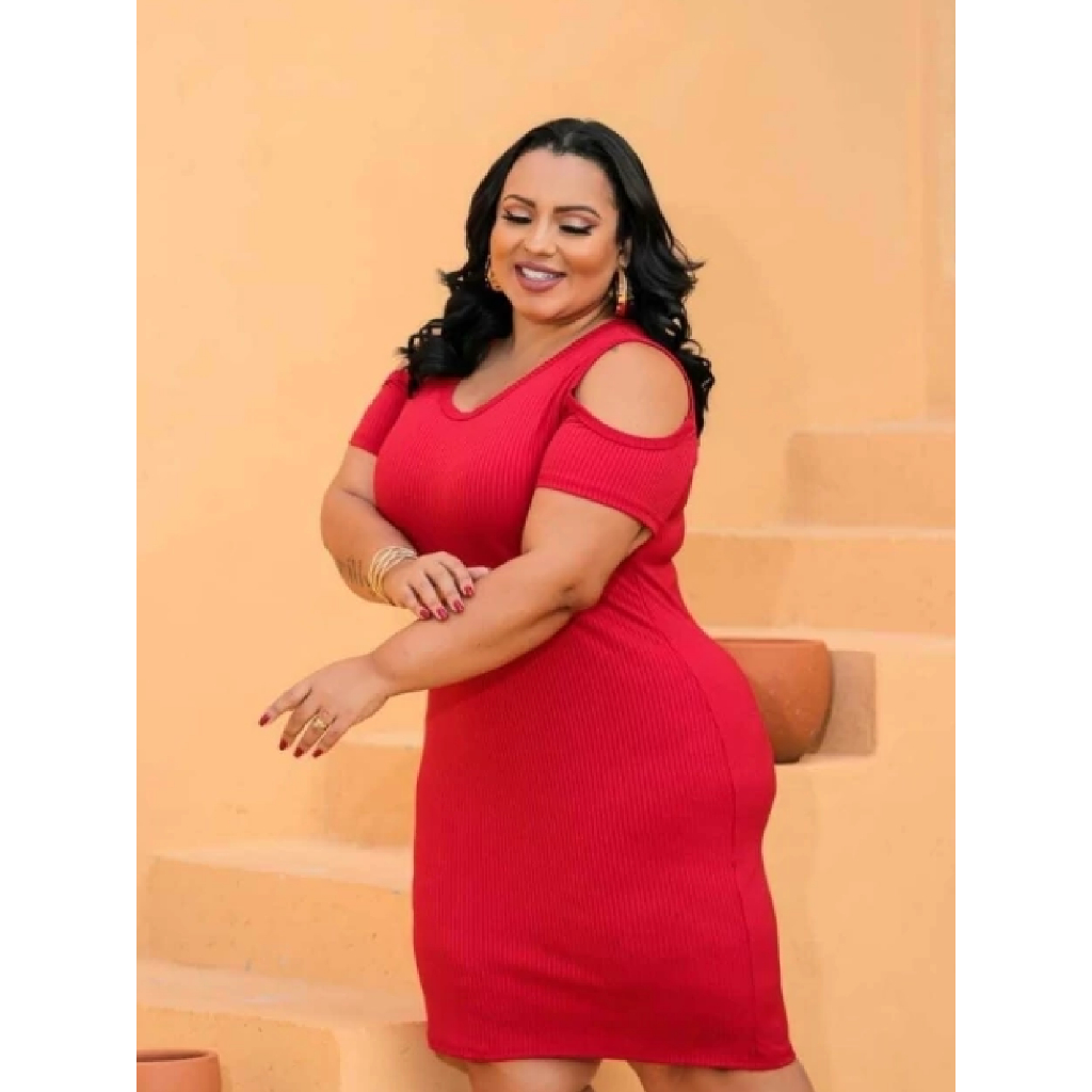 Vestido Feminino Plus Size Midi Tubinho Canelado Recorte Na Manga Primavera Verão Vermelho