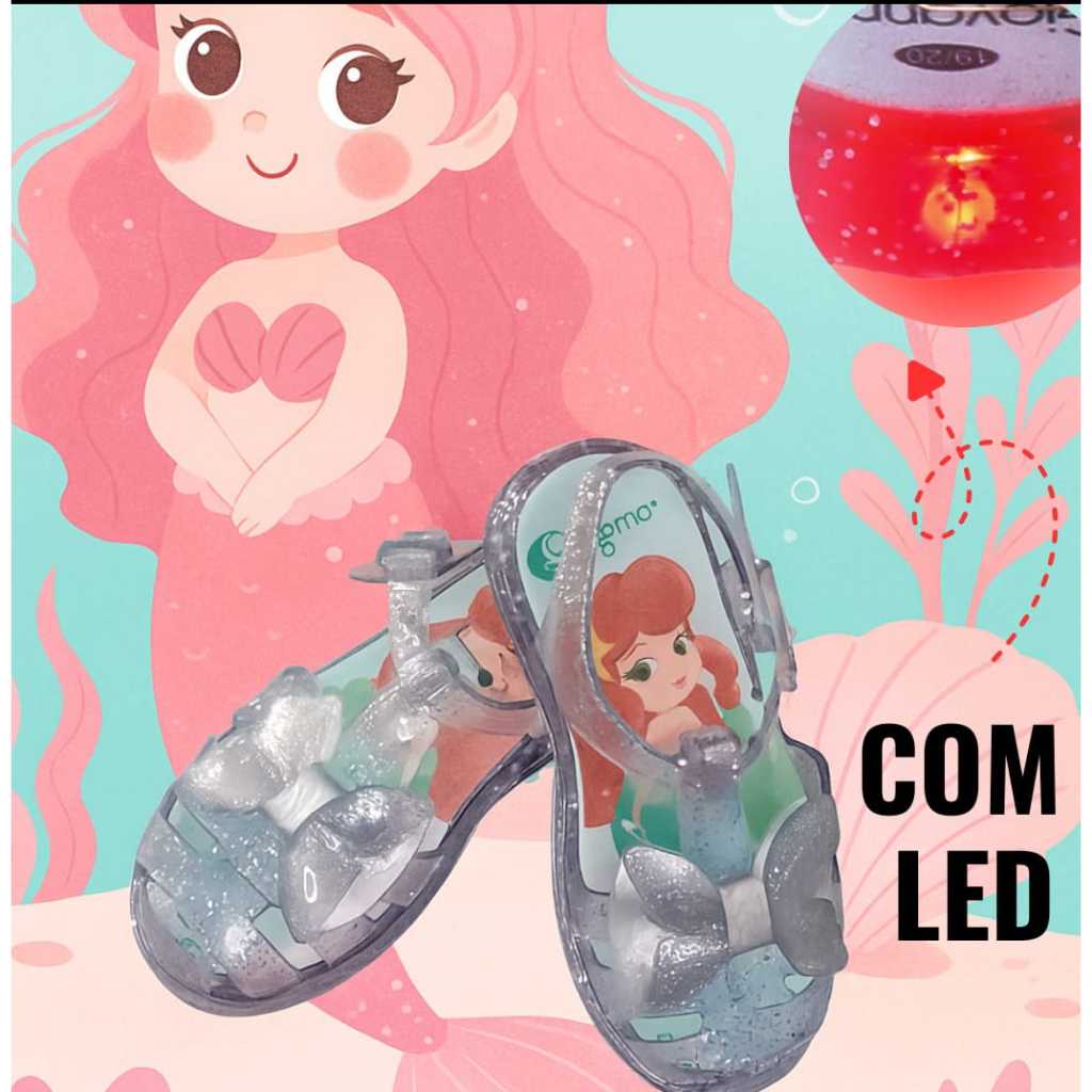 Sandália sapatilha Infantil Giovanna Menina Baby Laço Sereia com Led e Glitter Cristal  Leve e Confortável e macia