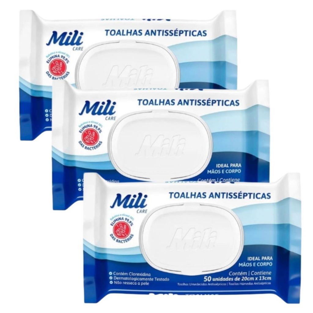 Lenços Umedecidos Antissépticos Mili 50x3 (150 unid) - Tampa Flip Top - uso Mãos e Corpo
