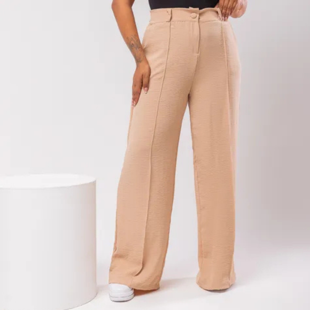Calça Feminina Básica Pantalona Widelag Modelo Soltinho Tecido Duna Folgada Cintura Alta Moderna