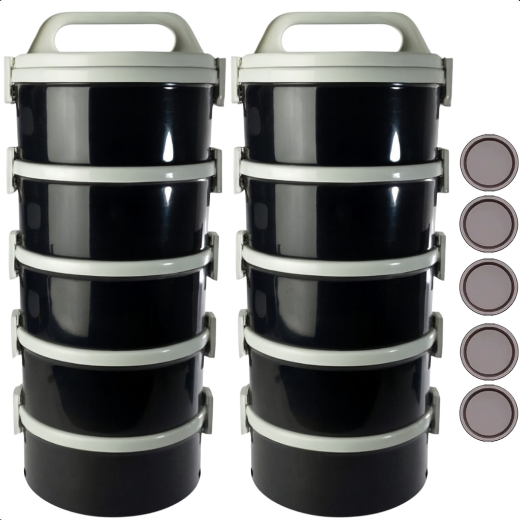 Kit 2 Jogos De Marmitas Térmica Sem Divisórias 5 Peças 1,5 Litros Preta Tekcor  Soprano