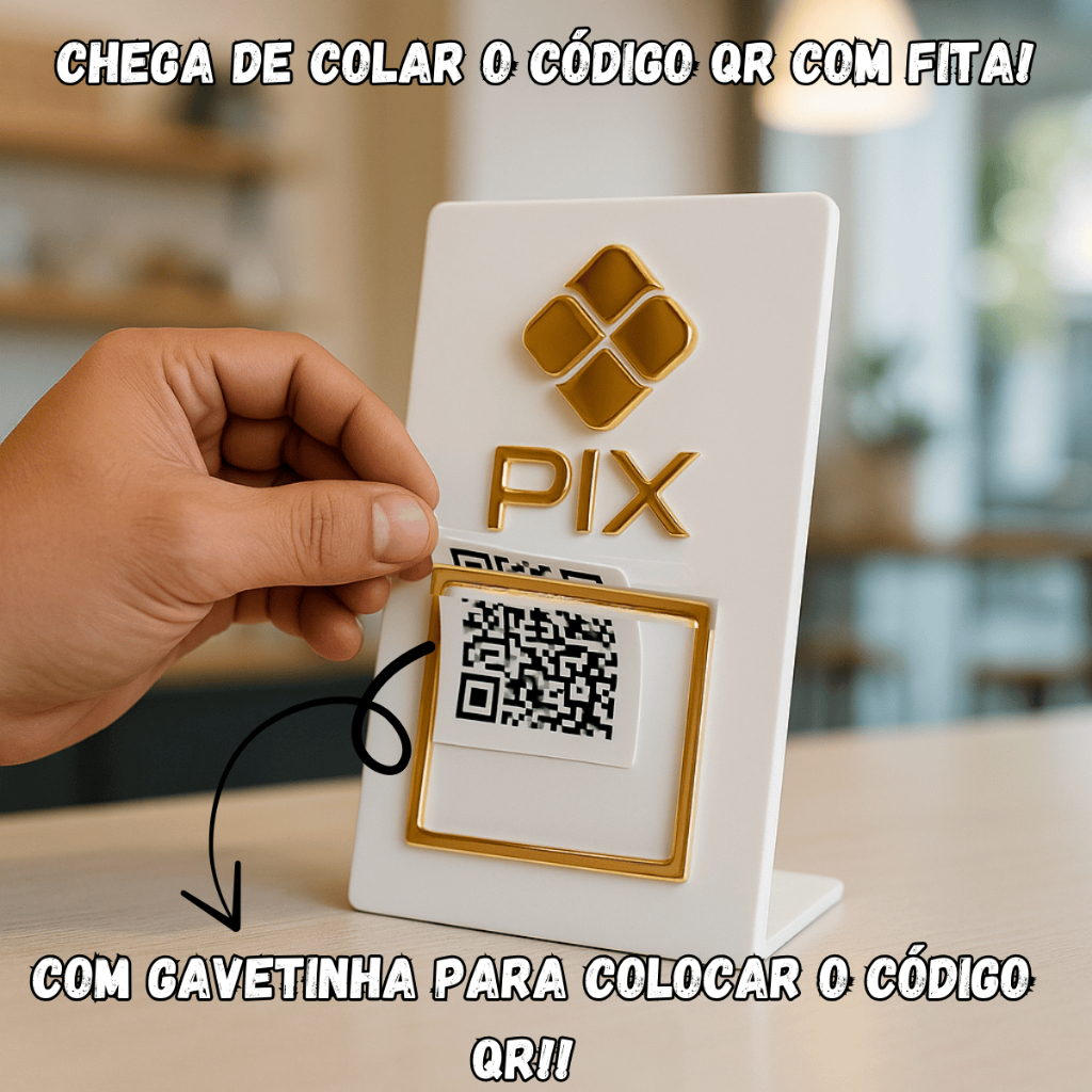 Placa Pix Display Com ENCAIXE QR Code Acrílico Espelhado Mesa Balcão