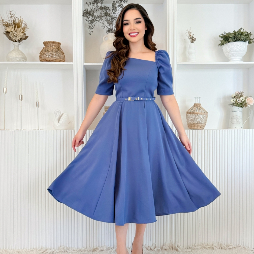 Vestido Midi Feminino Alfaiataria Luxo Elegante Premium Cinto Forrado Manga Princesa Tendência