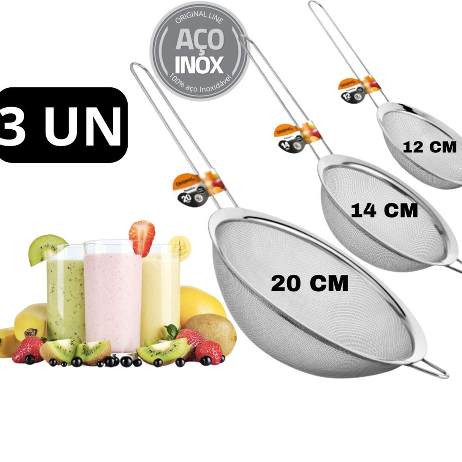 Kit 03 Peneira Coador Manual Em Aço Inox Para Cozinha 12cm 14cm 20cm Confeitaria Cozinha Suco Receitas Bolos Pães em Oferta na Shopee