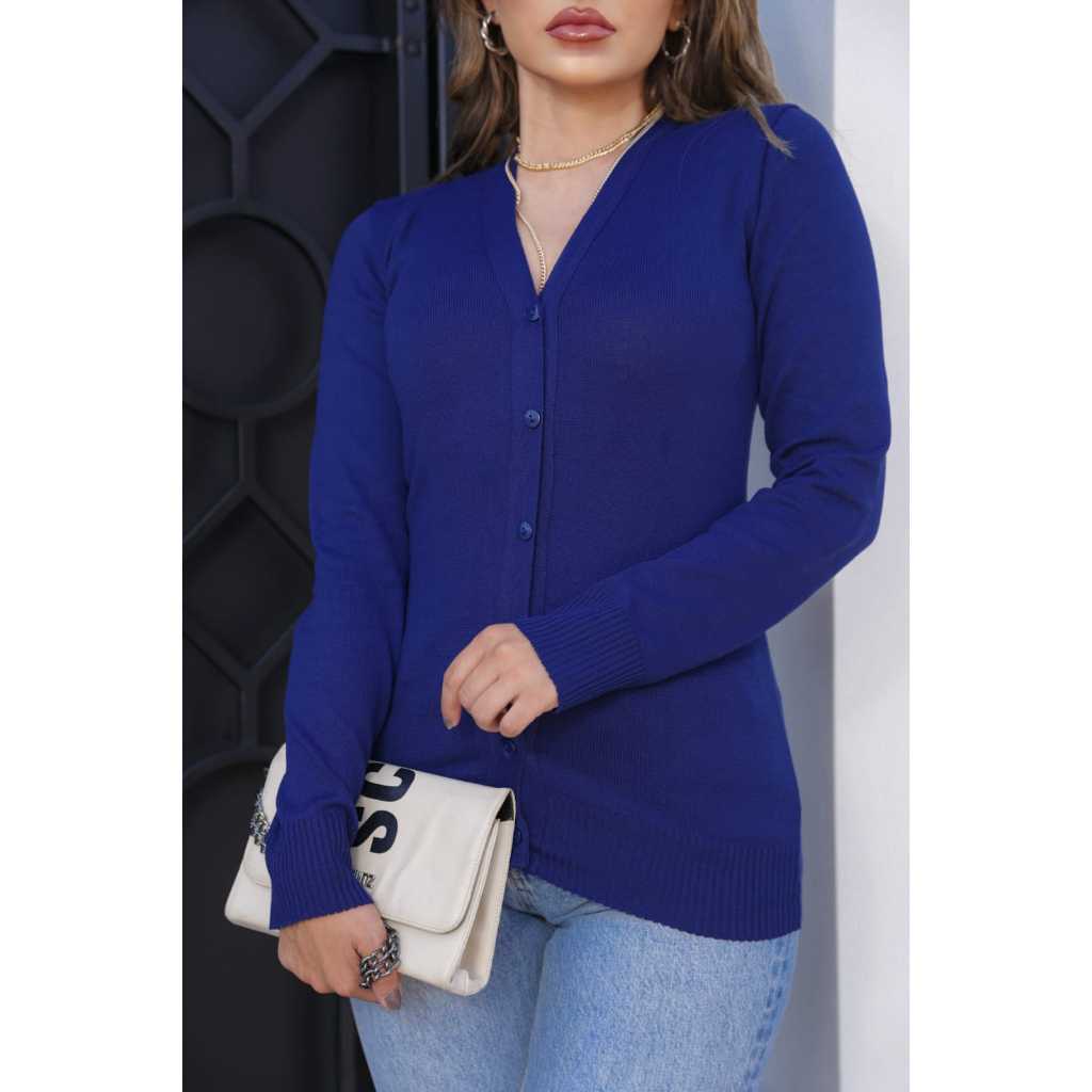 Casaco Cardigan de Lã Básico Feminino Inverno de Tricot Liso de Botões com Elastano Premium