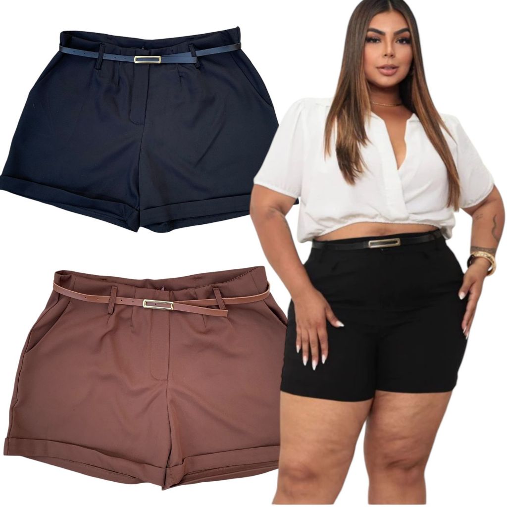 Short Plus De Alfaiataria Premium Com Bolso e Cinto Elegante De Brinde Shorts Moda Feminina Plus em Oferta na Shopee