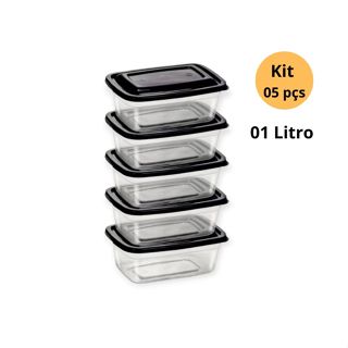 Kit 05 Potes Transparente 01 Litro com Tampa Marmita Fitness Freezer Congelador Microondas BPA Free em Oferta na Shopee