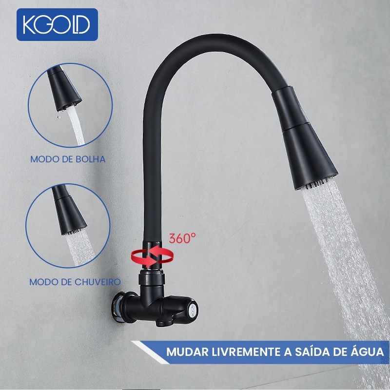Torneira Parede Cozinha Gourmet Preta Flexivel 2 Jatos 1/4 de Volta Para Mesa Pia Bancada e Mármore