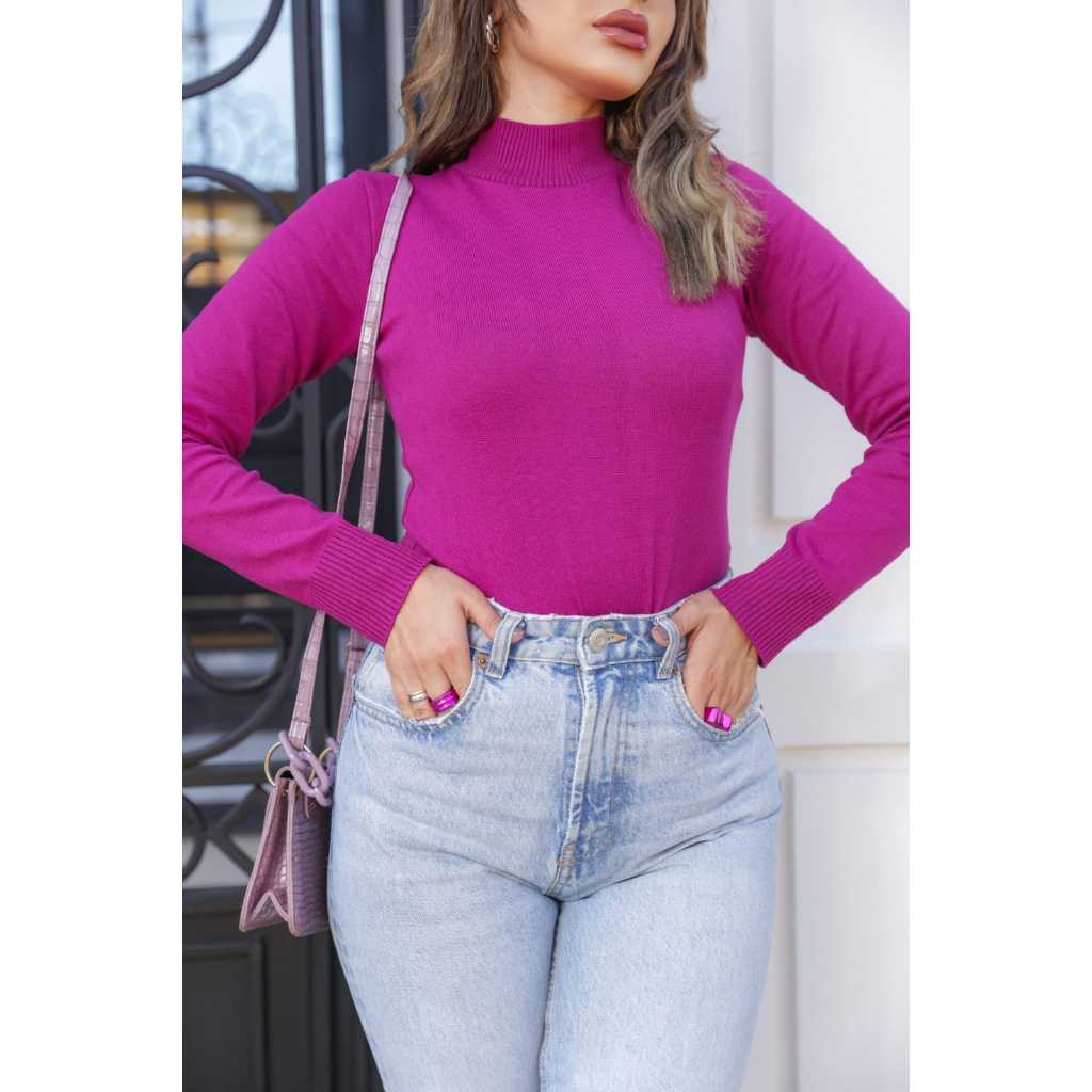 Blusa de Frio Feminina Básica Cacharrel Suéter Gola Alta Tricot Premium com Elastano Outono Inverno