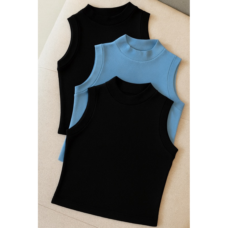 Blusa Cropped Canelada Feminina Gola Alta Sem Manga – Algodão e Elastano
