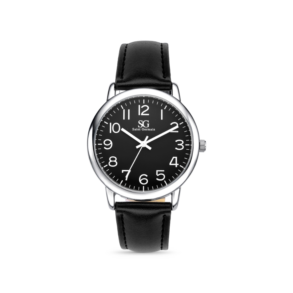 Relógio Masculino Preto Couro com Caixa Prata Fundo Preto Saint Germain Elegante Clássico em Oferta na Shopee