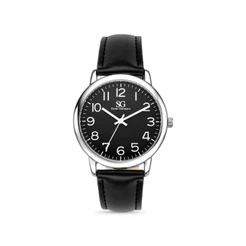 Relógio Masculino Preto Couro com Caixa Prata Fundo Preto Saint Germain Elegante Clássico