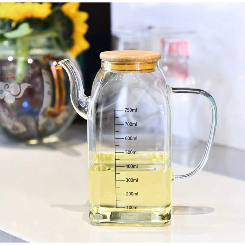 Galheteiro De Vidro 750ml Com Bico Para Azeite Vinagre Tampa De Bambu Quadrado