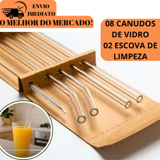 Kit 8 Canudos de Vidro e 2 Escova de Limpeza Transparente Ecológico e Higiênico em Oferta na Shopee