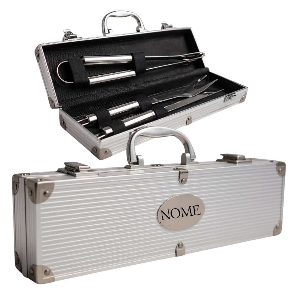 Kit Churrasco 3 Peças Nome Personalizado Maleta Presente Pais Maridos e Churrasqueiros