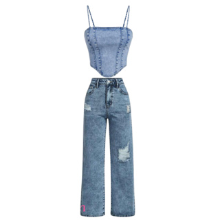 Conjunto Jeans  infantil juvenil  menina calça wide leg + cropped jeans em Oferta na Shopee