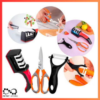 Kit Cozinha 3 Peças: Tesoura, Descascador E Amolador De Facas Útil Profissional OIH-2703 em Oferta na Shopee