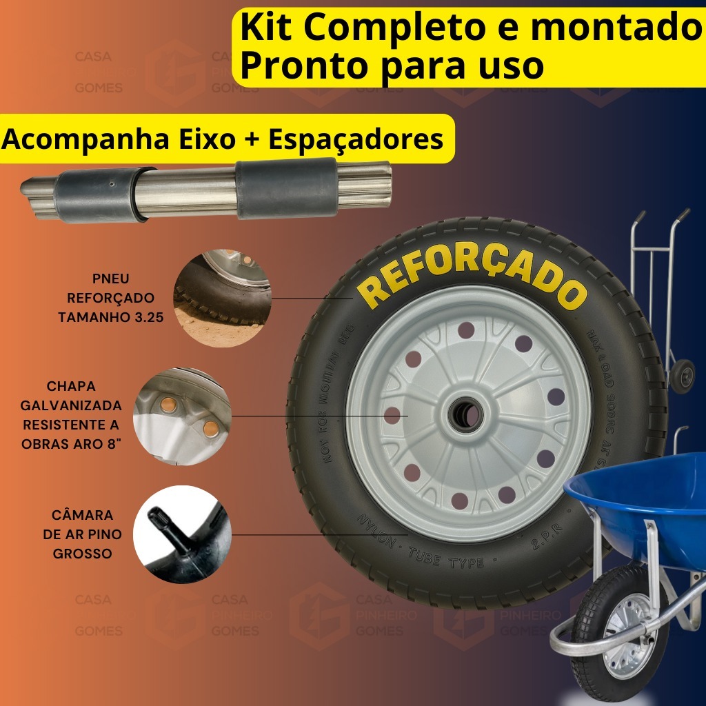 Roda com Pneu Câmara Carriola Carrinhos plataforma Carrinho Carga 3,25x8 + Eixo 1 polegada Completo