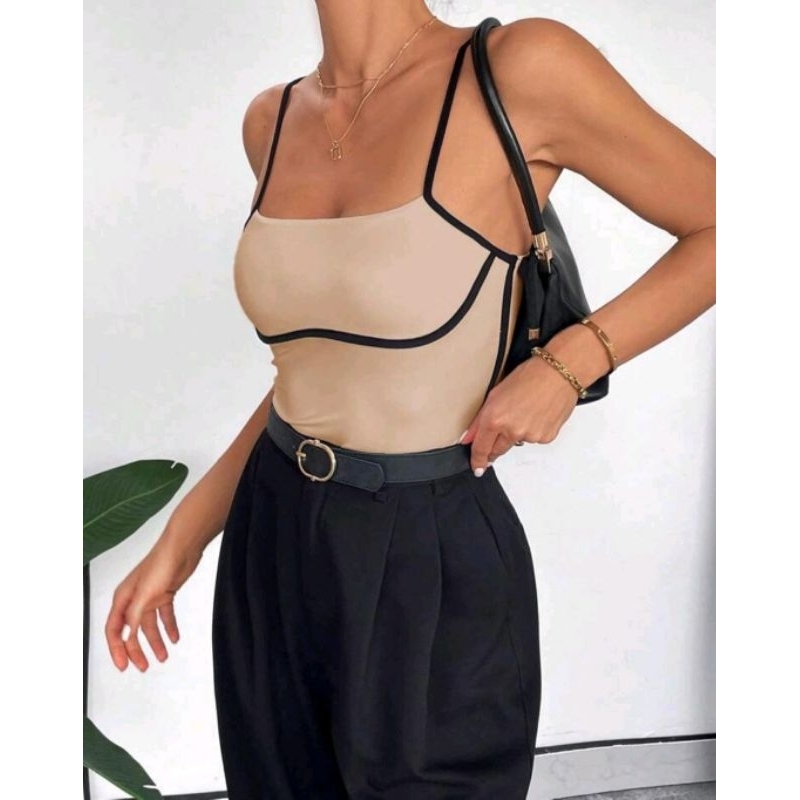 Body Maiô Ely Alças Cavado  Bicolor Femenino Com Alcinha Sem Bojo Moda Gringa Lançamento