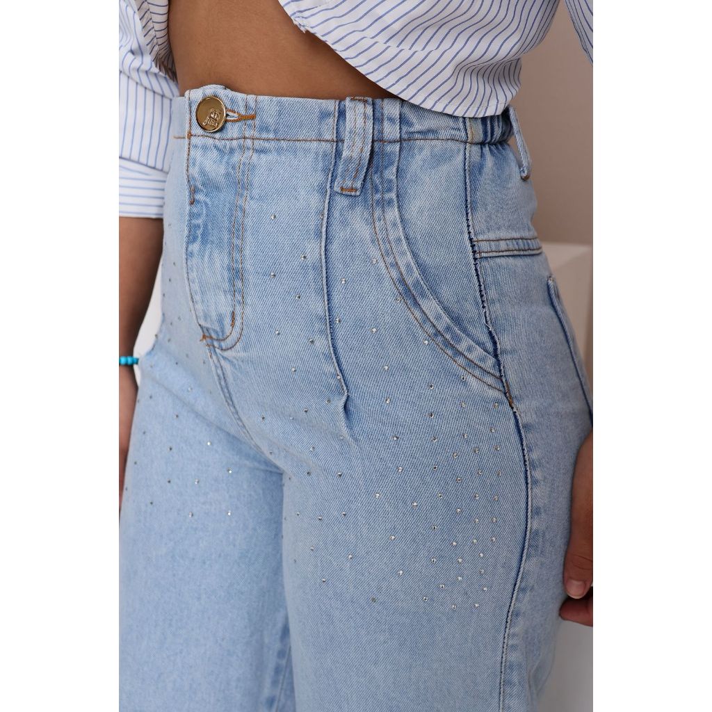 Calça Wideleg Jeans Com Brilho Cintura Alta Menina Juvenil Feminino