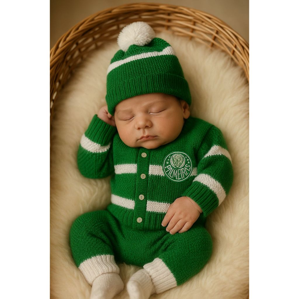 Kit Saída de Maternidade-  Personalido Palmeiras  Conjunto de casaquinho com calça touca e sapatinho e luvas de tricô