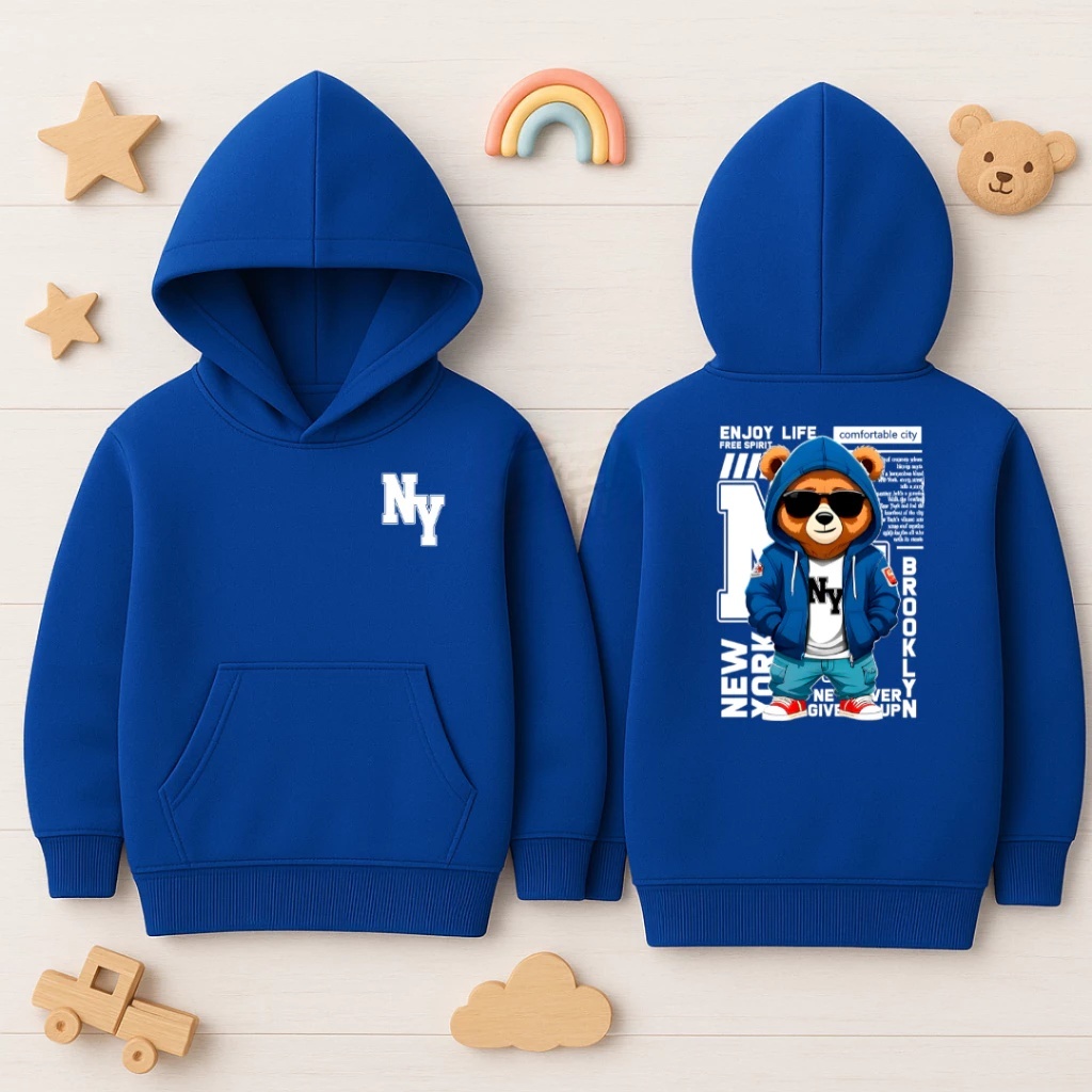 Moletom Infantil Juvenil Flanelado Urso New York Blusa de Frio com Capuz e Bolso Canguru Algodão