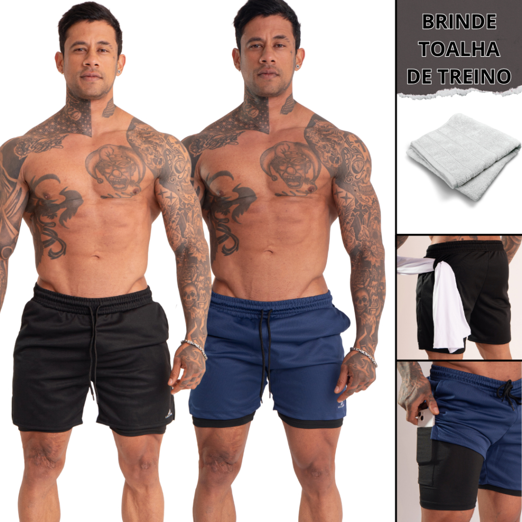 Kit 2 Short Masculino 2 em 1 Bolso Antiqueda p/ celular Caminhada, Corrida, Academia treino UV+